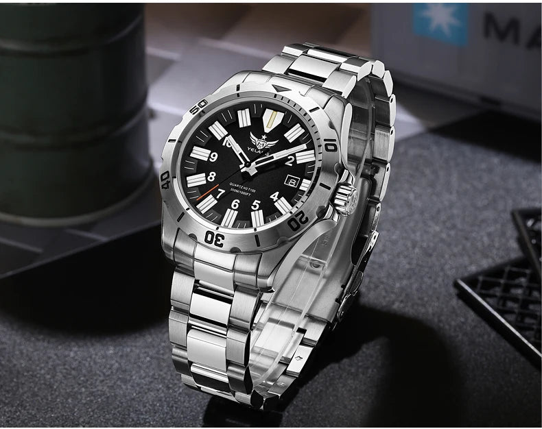 YELANG V1036 42mm Men's Quartz Watch Luminous Display Japan Movement 30ATM Waterproof Stainless Steel Band with Luminous Hands