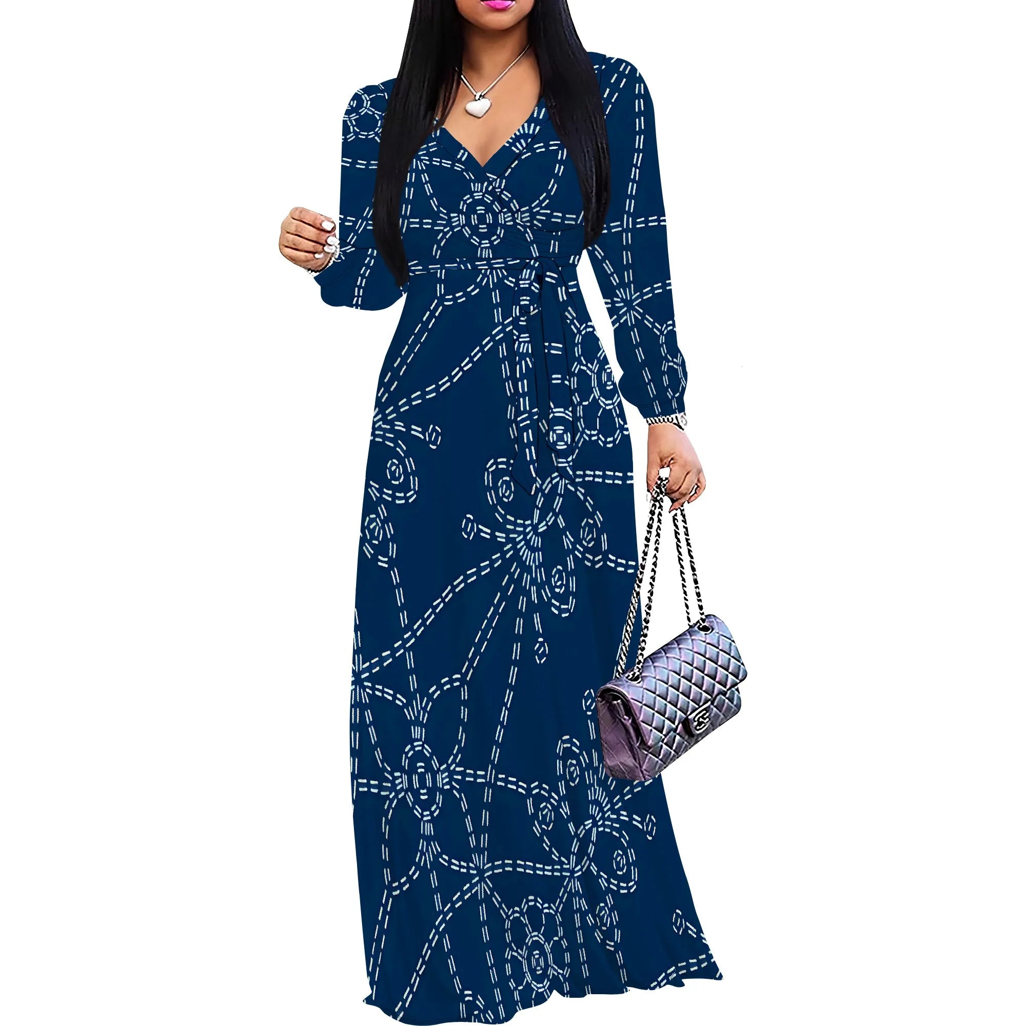 Elegant V-Neck Long Sleeve Geometric Print Maxi Dress for Women Autumn Vacation Style