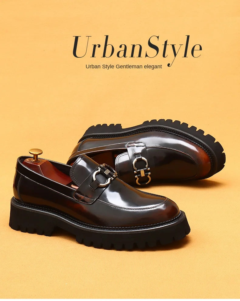 Cow Leather British Loafers Men Glossy Leather Business Casual Heightening Shoes - Non-Slip Tire Soles Dress and Round Toe Shoes