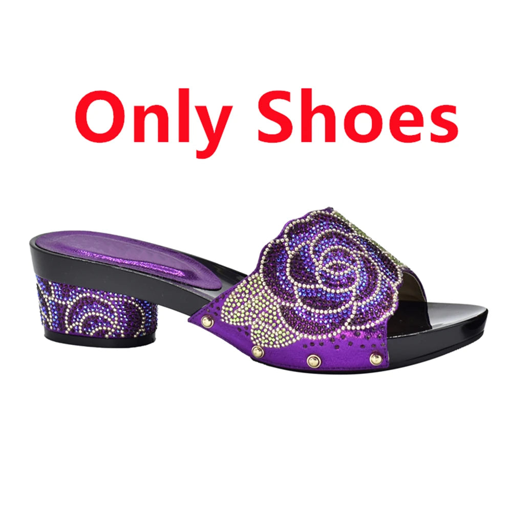 Women's Italian Shoes with Matching Bags Set Decorated with Rhinestone Open Toe Ladies' Slippers Shoes