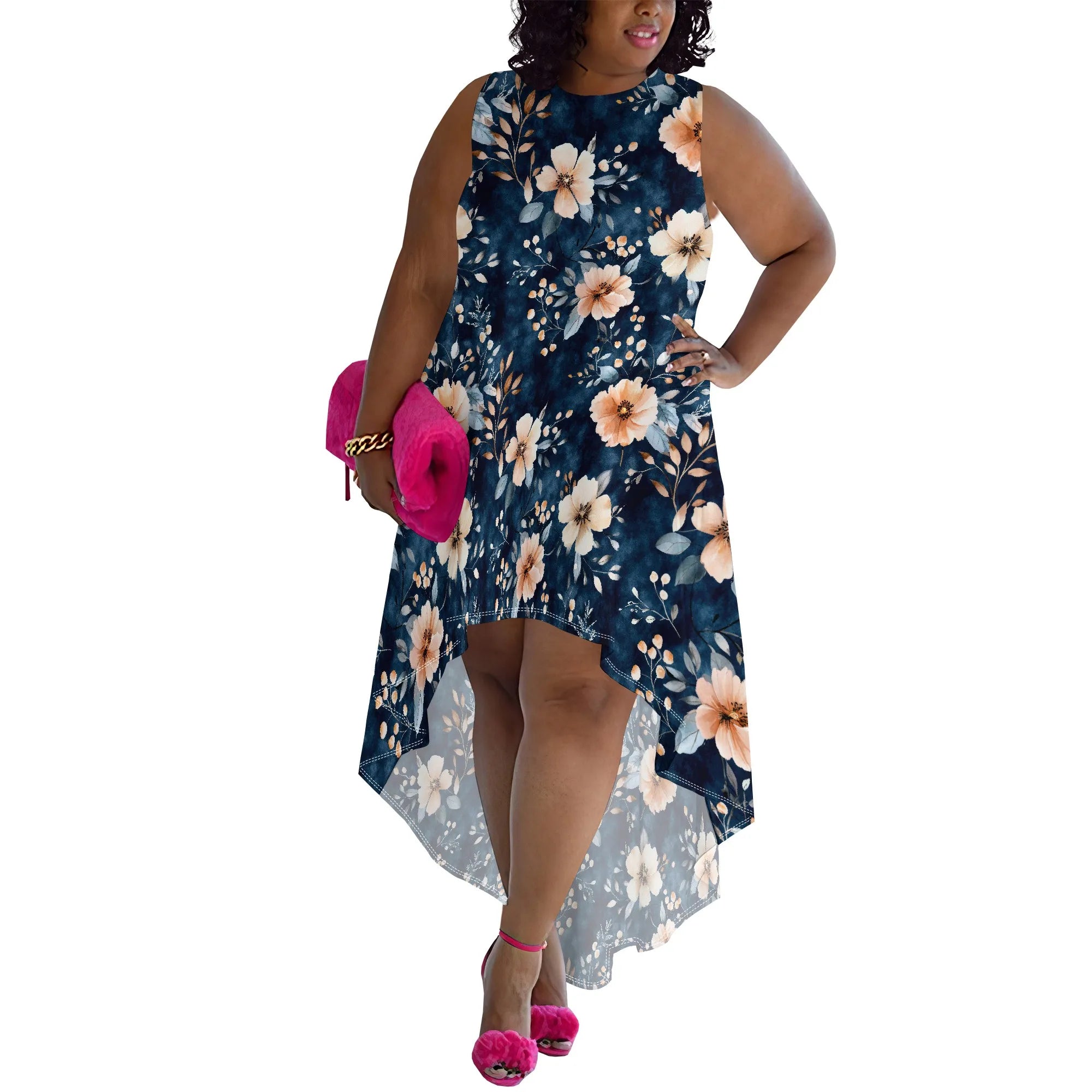 Plus Size Sleeveless Tropical Leaf Print High-Low Dress for Women, Casual Summer Dress