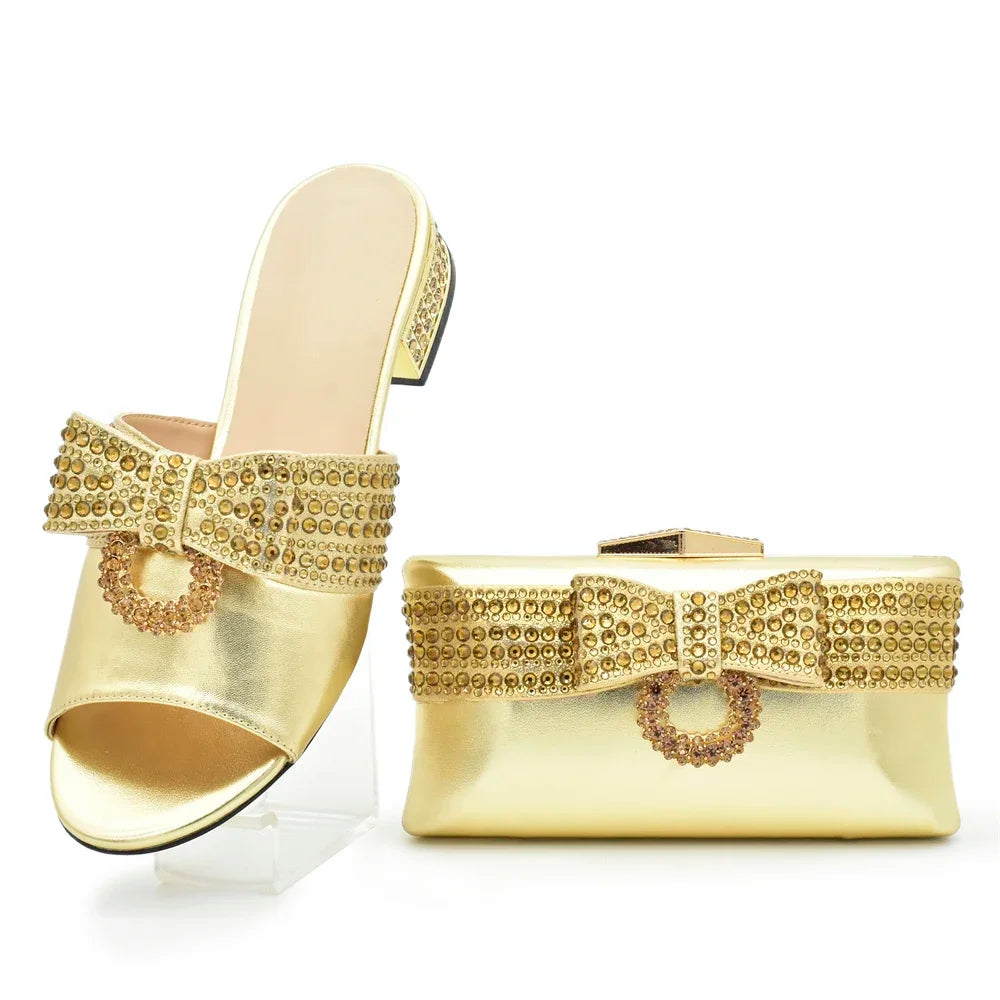 Italian Ladies Shoes and Bags To Match Set Decorated with Rhinestone Sling Backs Low (1cm-3cm) Luxury Shoes Women Designers