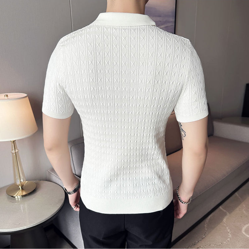 Men's Slim-Fit Jacquard Knitted Short-Sleeved Polo Shirt for Male Fashion Lapel Golf Shirt