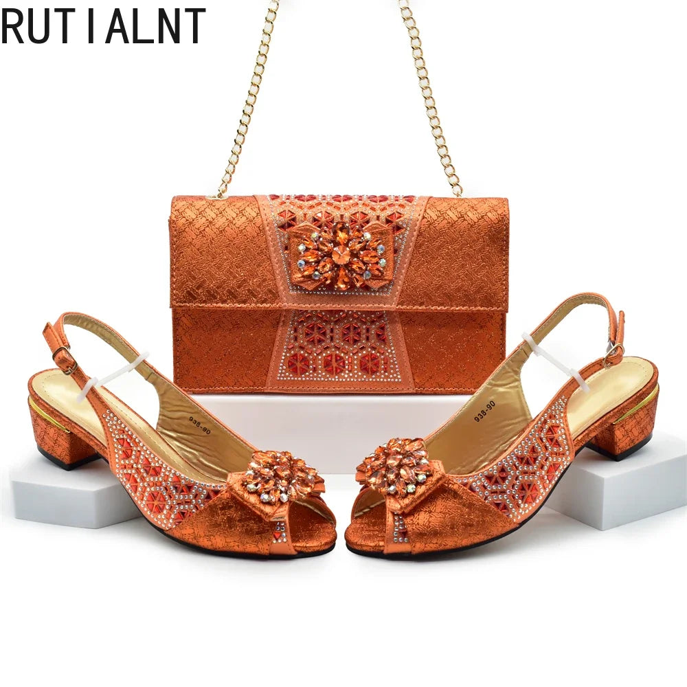 Orange Shoe and Bag Set Luxury Designer Shoes Women Matching Wedding Shoes and Bags Decorated with Rhinestone