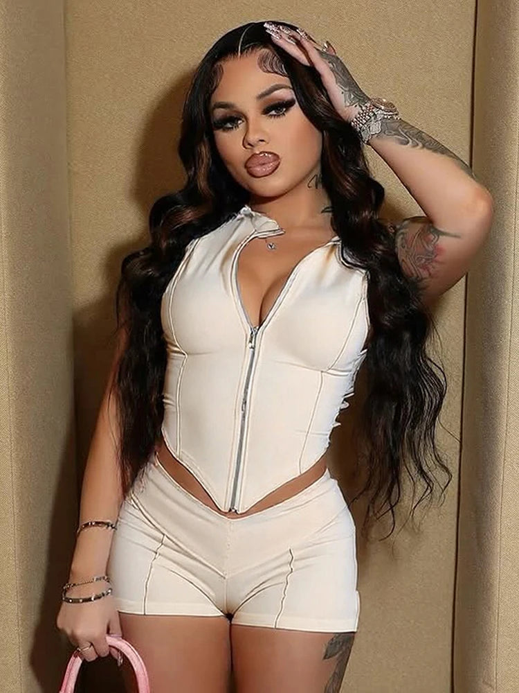 Lijnen Patchwork 2-delige set Dames Rits Cardigan Onregelmatige Crop Top + Skinny Peach Hip Shorts Eenvoudige Sportieve Straatkleding