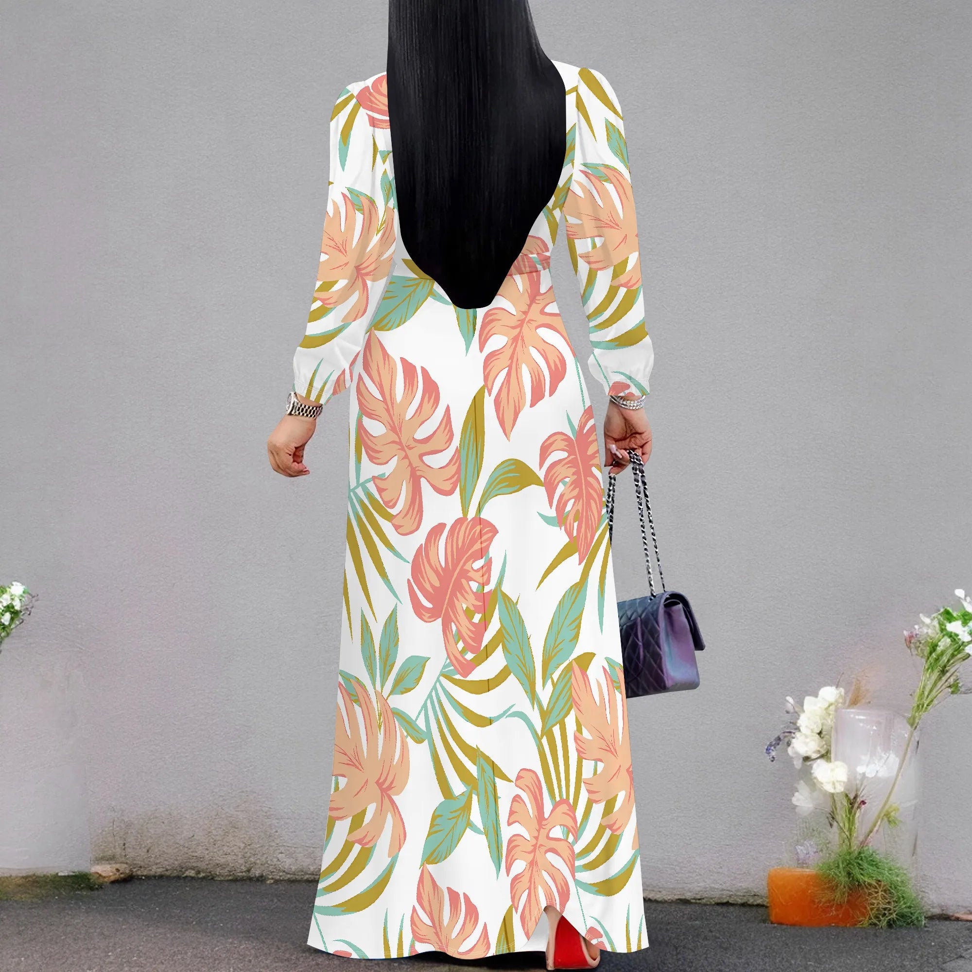 Standard Size Long Sleeve V Neck Maxi Dress White Tropical Leaf Print Casual Vacation Outfit