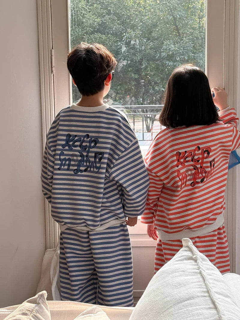 Spring Children's Clothes Boys' Tracksuit Kid's O-Neck Hoodie Set Girls' Korea Striped Letter Printed Sweatshirt 2Pcs Suit 4-6Y Unisex