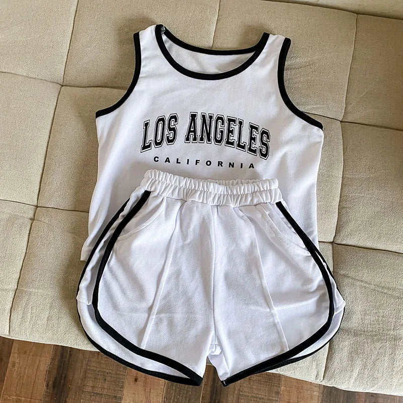 New Summer Kids Clothes Set Children Thin Style Letter Sports Suit Girls Tank Top Shorts Boys Outfits 4-6Y Unisex