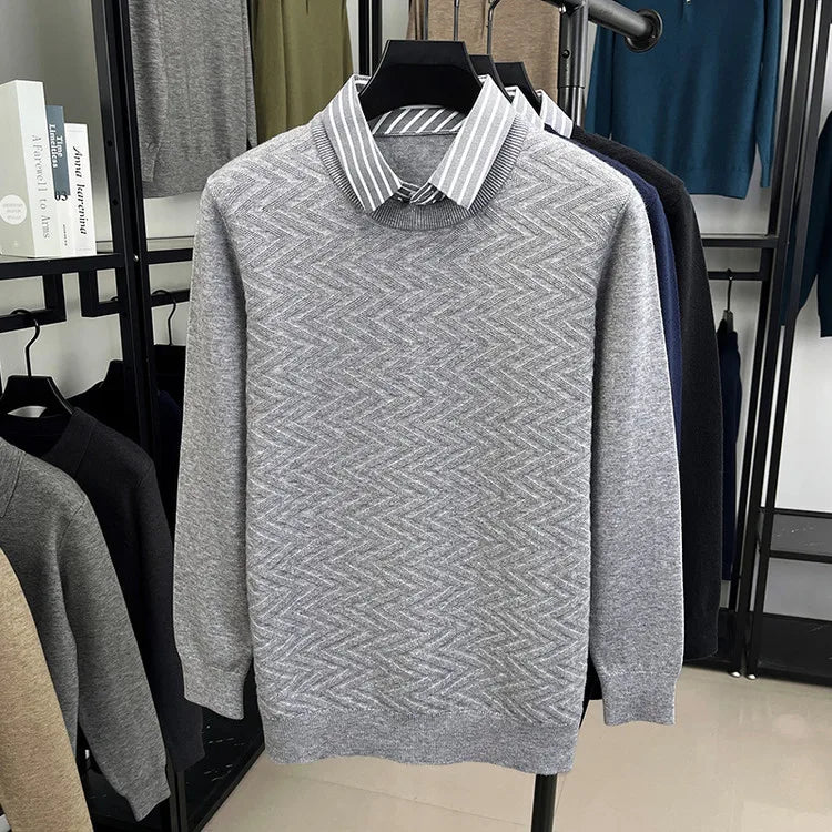 Men's Knitted Sweater With Shirt Collar - Vintage Style Fake Layered Business Casual, Pullover Old Money Style Top