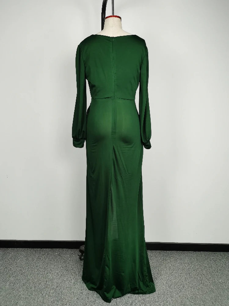 Women Elegant Solid Color V Neck Long Sleeve Satin Split Party Dress