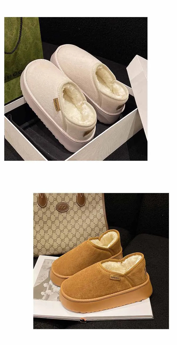 Women's Winter Warm Fuzzy Lining Cotton Shoes Fur Fluffy Slippers For Indoor and Outdoor Use With Anti-Skid Plush Thick Sole Cotton Shoes