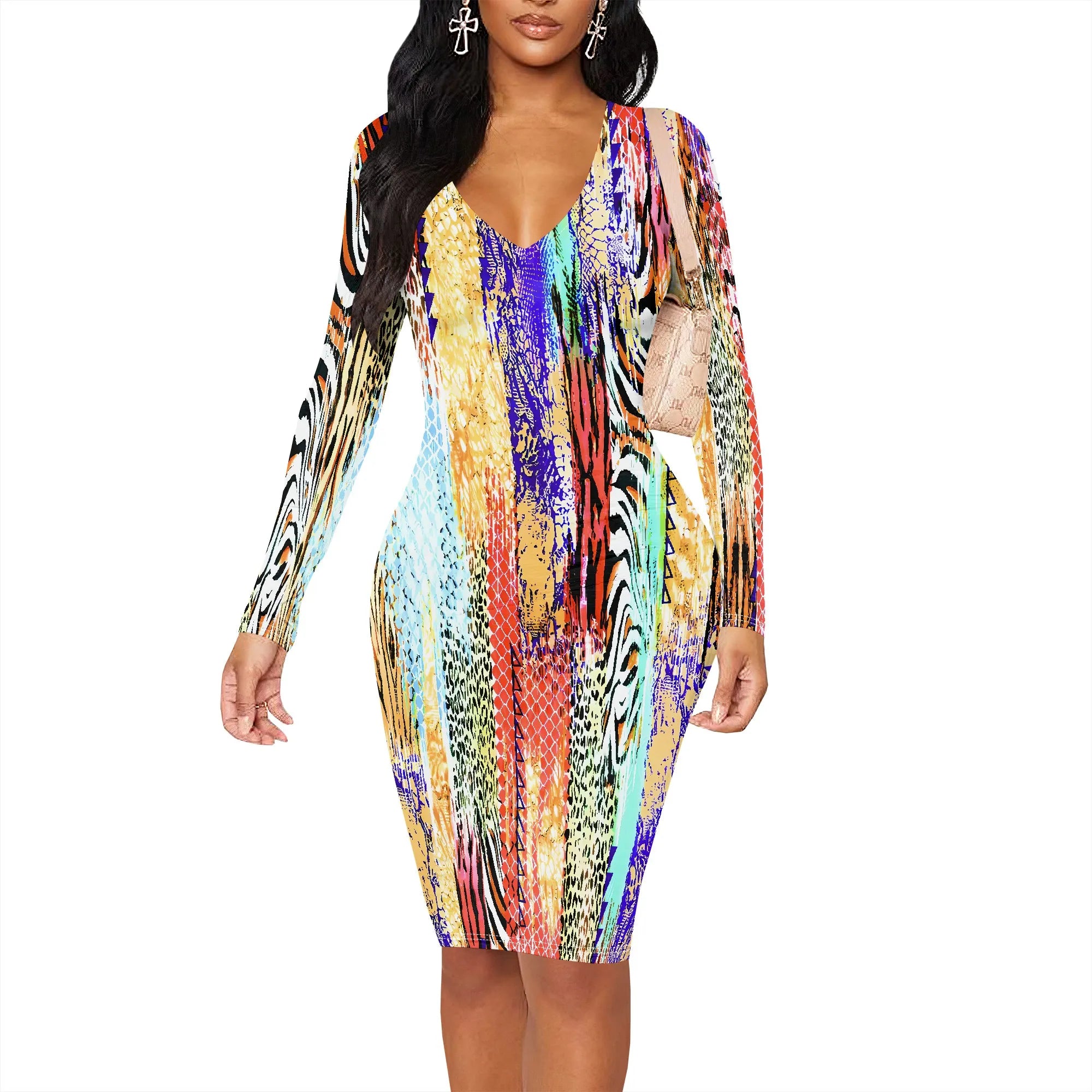 Womens Bodycon White Dark Blue line Flower Print Round Neck Ruffle Ruched Party Knee Length Pencil Dress