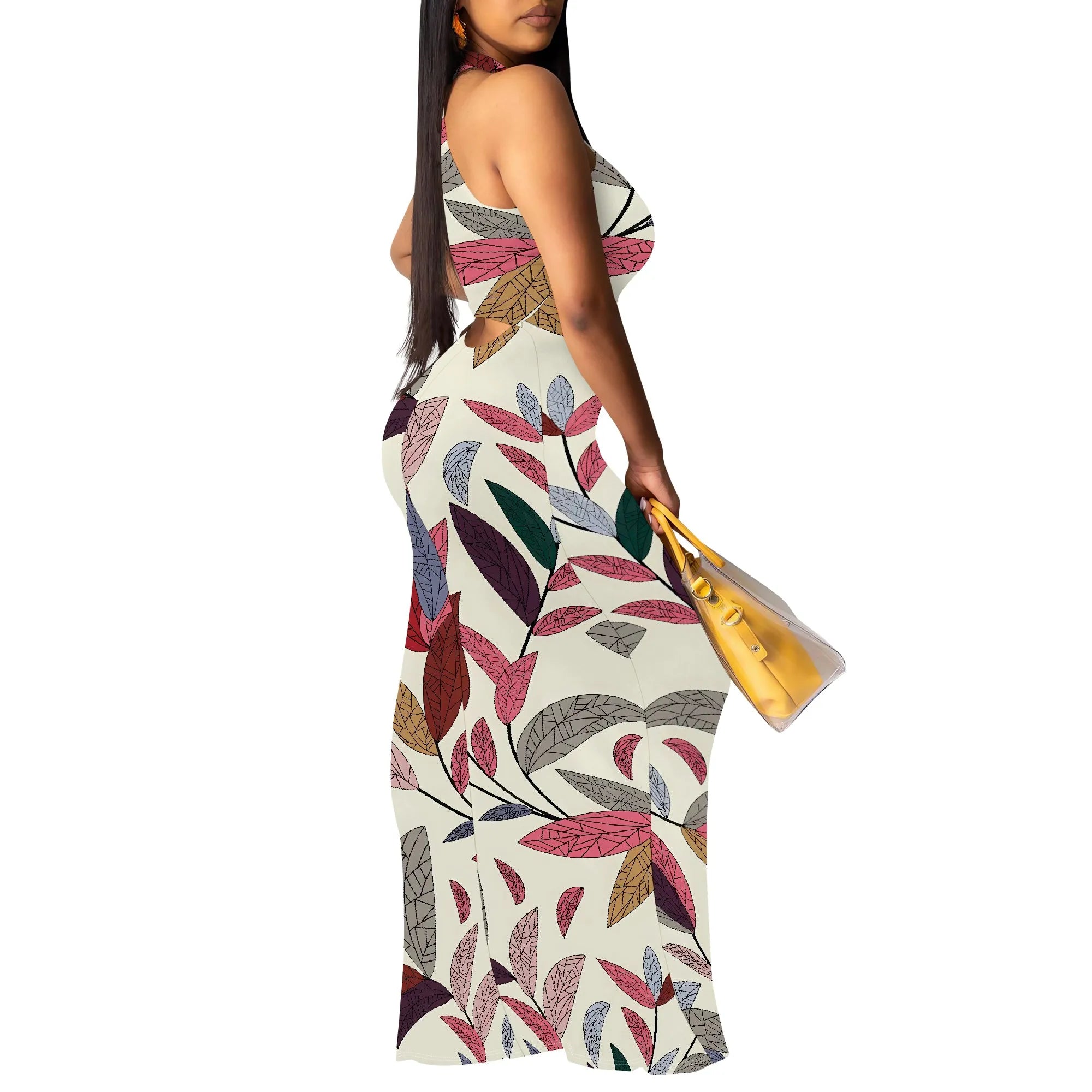 Vintage Leaf Print Halter Neck Maxi Dress for Women Elegant Slim Fit Sleeveless Summer Style