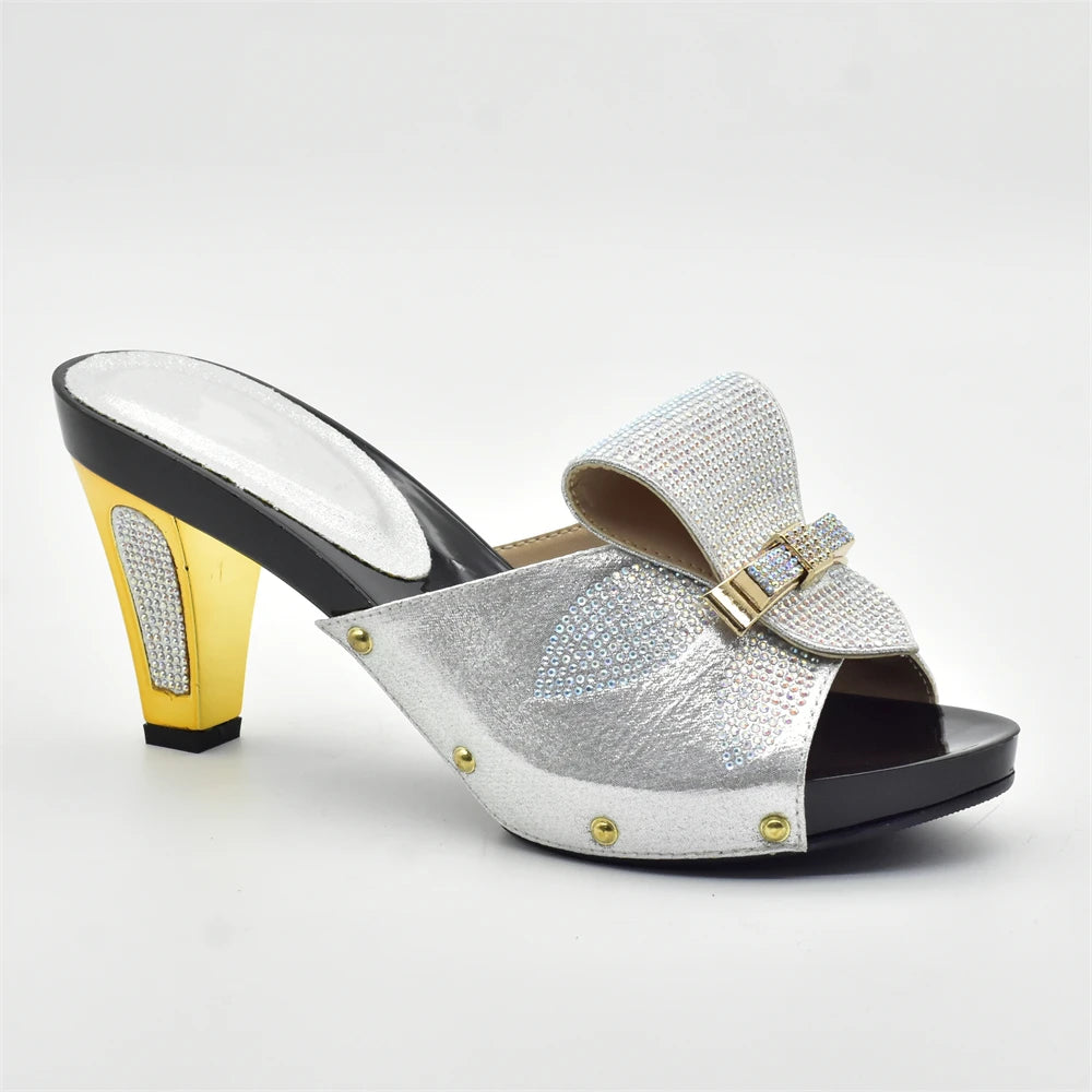 Gold Color Women Slippers Shoes African Women Wedding Shoes Elegant Italian Woman Shoes with Stone High Heels Woman Summer Pumps