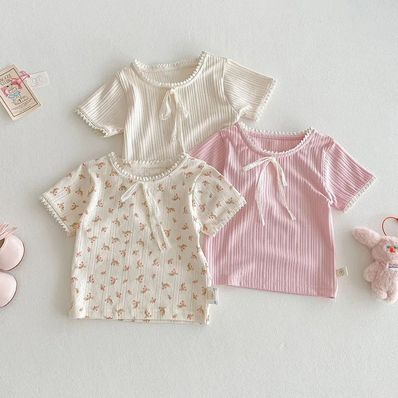 New Summer Kids T-shirt Boys Cute Hollow Out Floral Tops Children Thin Style Pit Strip Lace Girls Tee 1-5T Unisex