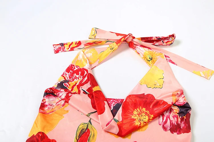 Floral Print 2 Piece Set Women Halter Low-Neck Backless Crop Tops + Skinny Splits Long Skirts Vacation Beach Style Suit