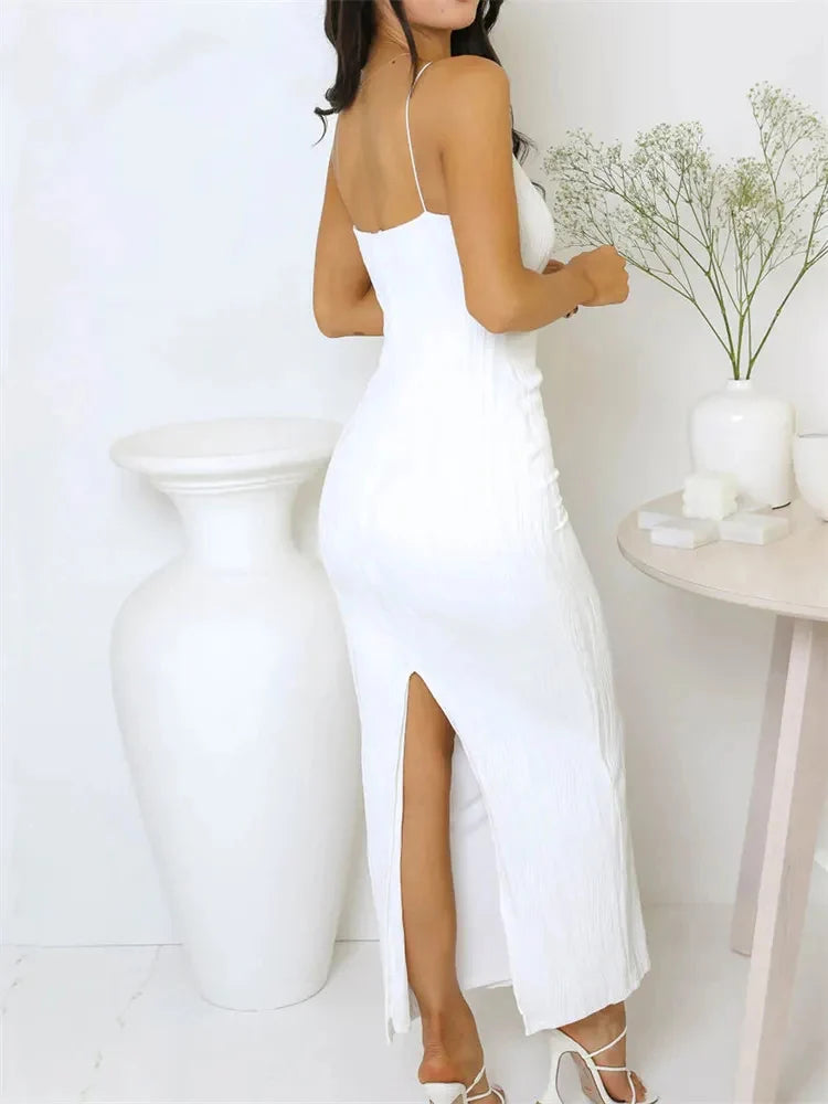 Sexy Women's Long Dress Ruched Sleeveless Slim Solid Summer Party Back Split Dress Clubwear Female Vestido Outfits