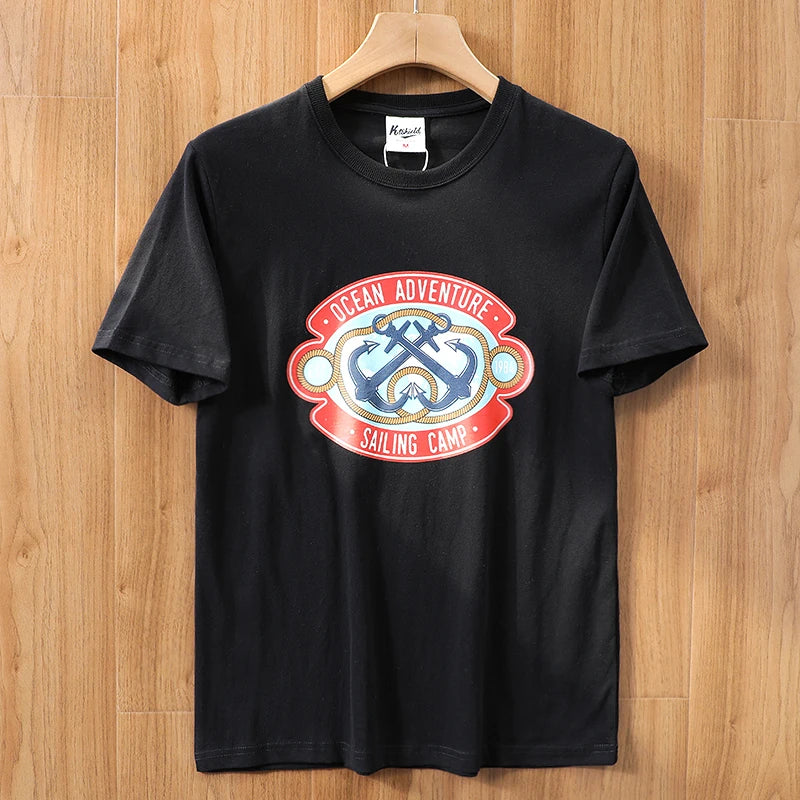 2025 Summer New American Retro 250g Short Sleeve O-neck Printed T-shirt Men's Fashion 100% Cotton Washed Casual Loose Tops