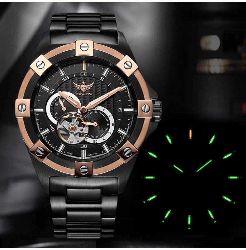 Yelang V1024 Men's 44mm Automatic Mechanical Watch Luminous 100m Water Resistant Japan Miyota 82S7 Movement Stainless Steel Band