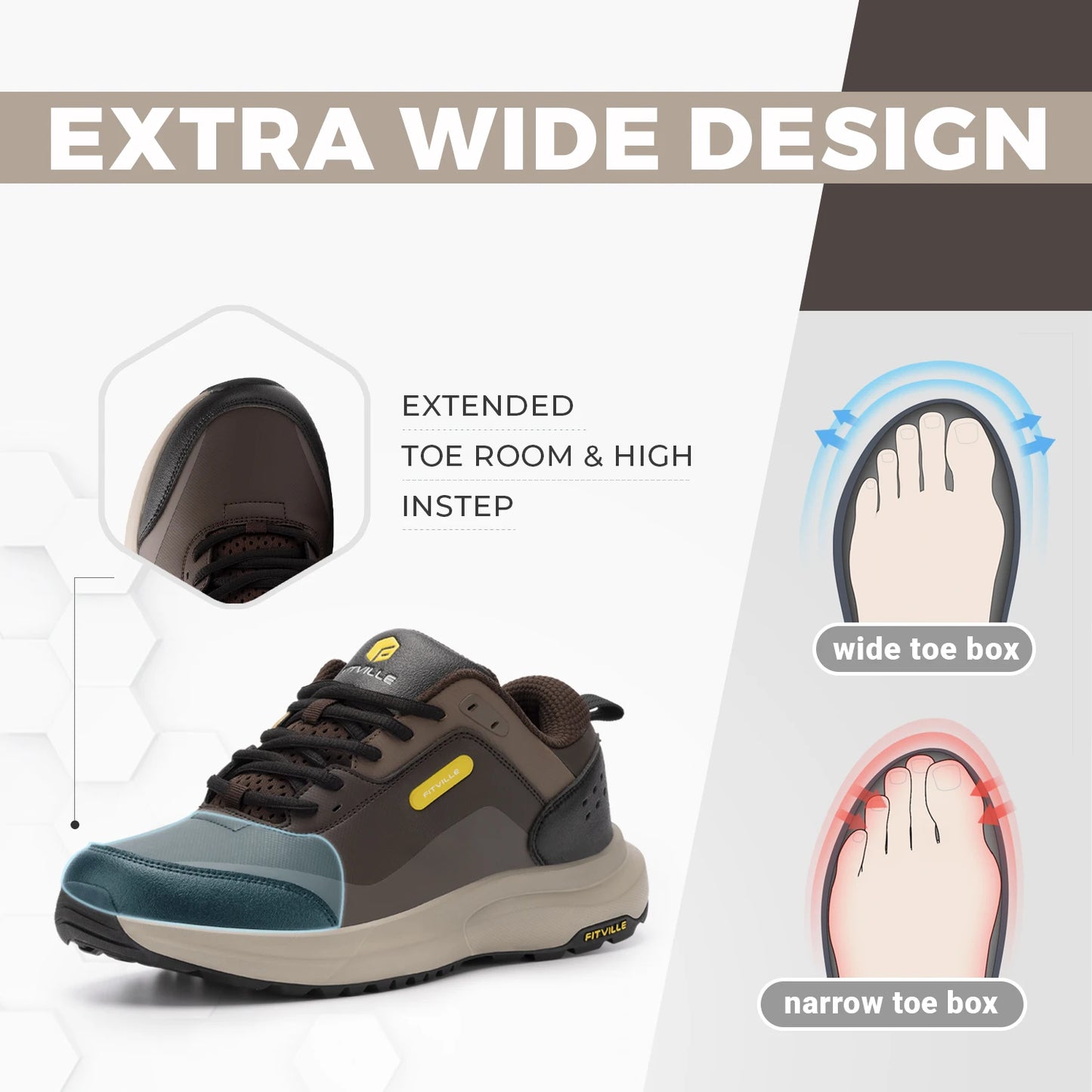 Men's Shoes Wide Width Outdoor Hiking Shoes Lightweight Breathable for Swollen Feet Correction Toes Relieve Pain