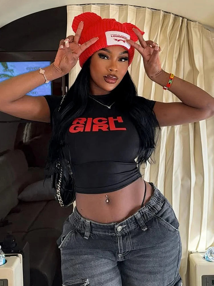 Letter Print Fashion Crop Tops Women Summer Trend o-Neck Mini Sleeve Daily Casual Simple Classic Streetwear T-Shirts