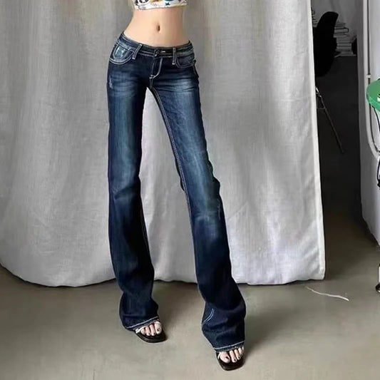 Retro Blue Low Rise Flare Jeans for Women Korean Slim Fit Elastic Denim Pants Woman Streetwear Hot Girl Y2K 2000S Jean Trousers