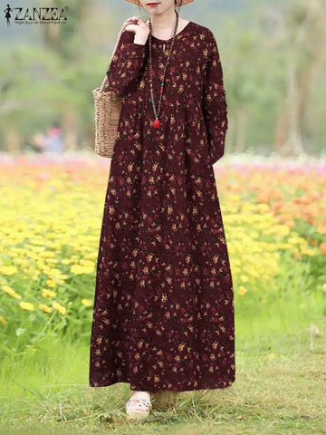 Floral Print Long Sleeve Maxi Dress Women Casual Loose Elegant Vintage Long Robes Holiday O neck High Waist Vestidos