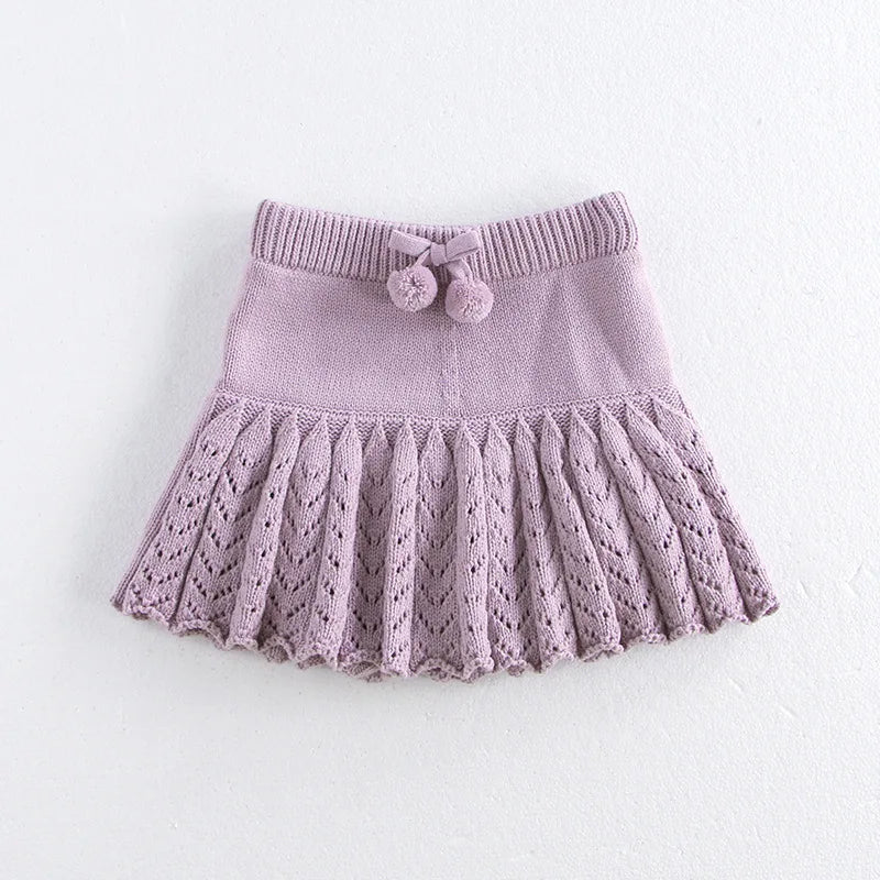 New Autumn Kids Short Skirt Girls Cute Solid Colour Knitted Pleated Skirt Children Hollow Out Knitted Shorts
