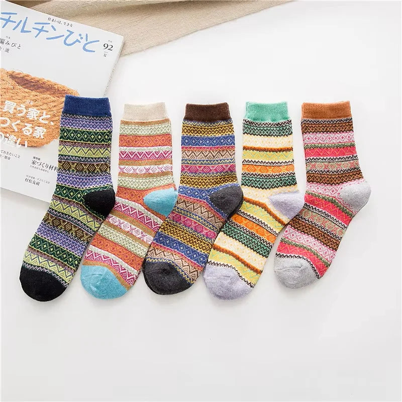 5 Pairs Winter New Warm Thicken National Wind Women's Wool Medium Tube Female Socks