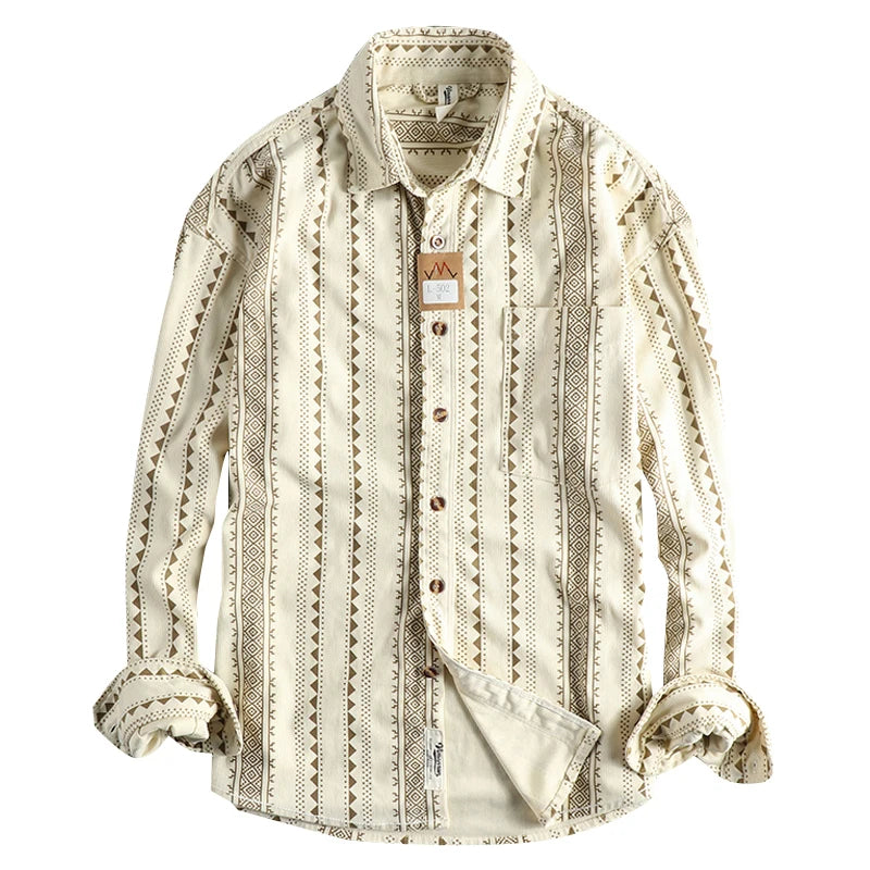 Lente Nieuwe Amerikaanse Retro Lange Mouw Revers Navajo Totem Bedrukt Shirt Herenmode 100% Katoen Gewassen Casual Blouses Dunne Jas