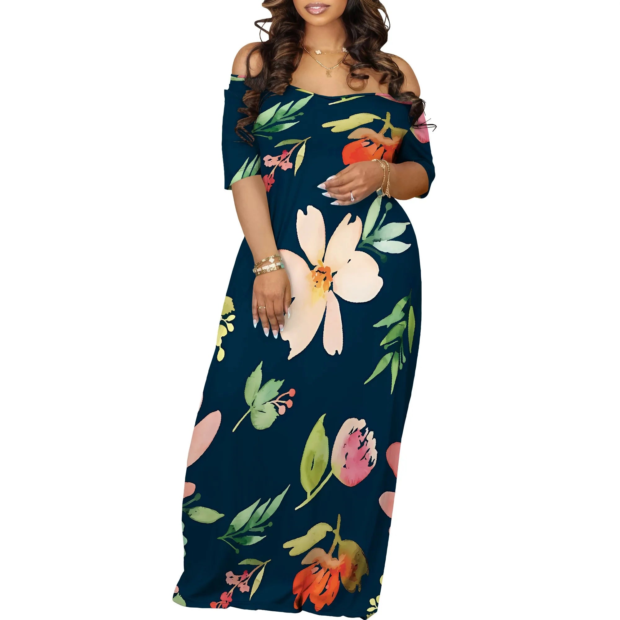 Floral Off Shoulder Maxi Dress Blue Background Summer Holiday Garden Style