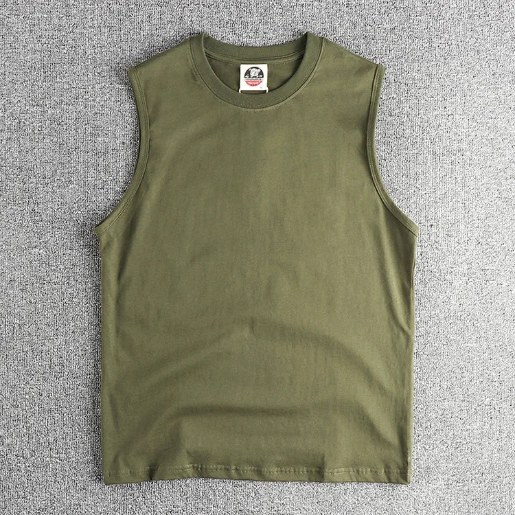 2025 Summer New American Retro Sleeveless O-neck Solid Color T-shirt Men's Fashion 100% Cotton Basketball Sports Casual Vest