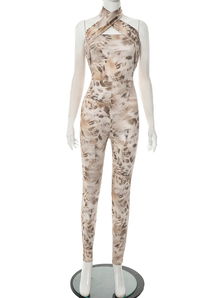 Cross Halter Jumpsuit Dames Zomer Blad Print Rugloos Mouwloos Stretch Fitness Activiteit Streetwear Overalls