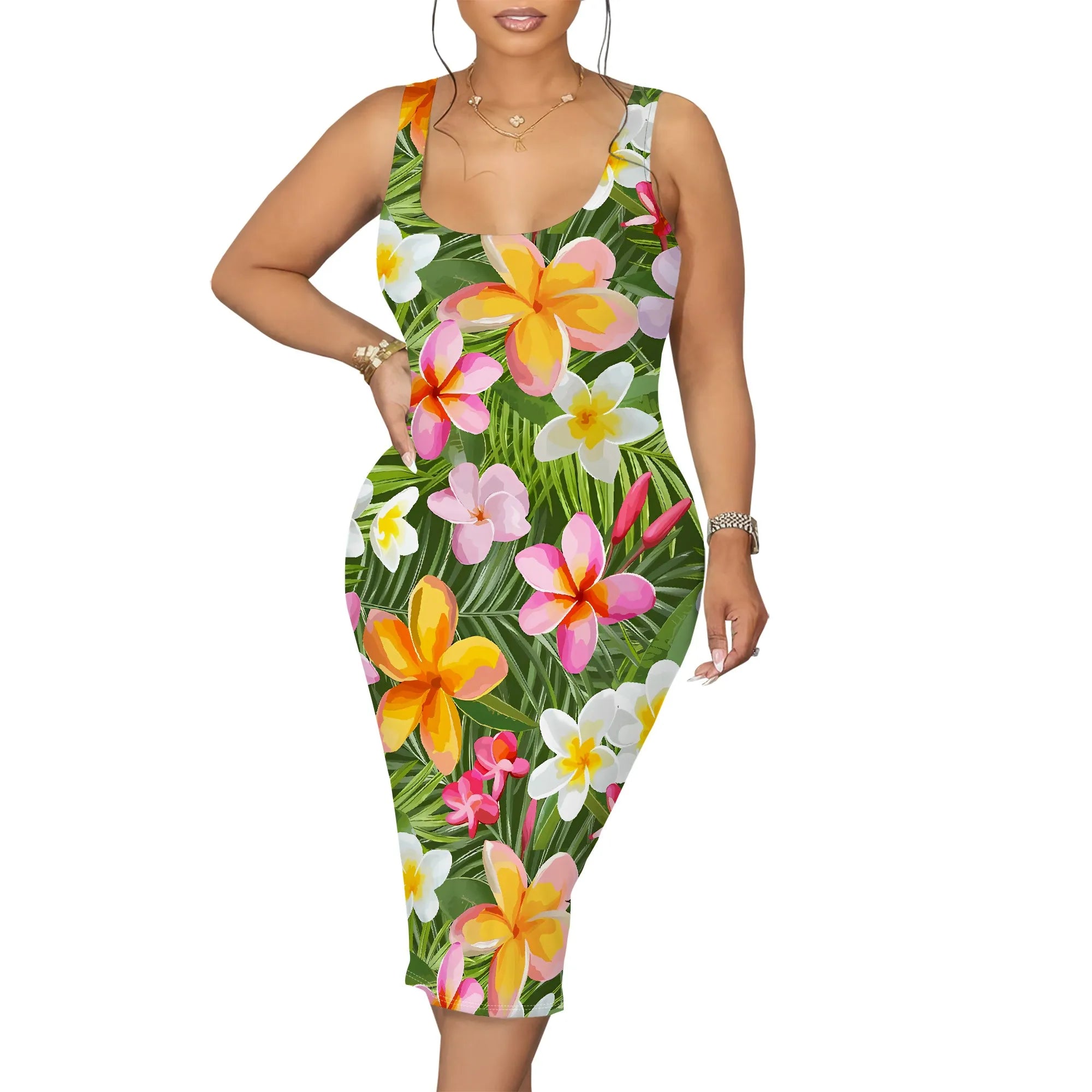 Tropical Floral Print Sleeveless Midi Dress for Women Sexy Summer Vacation Outfit
