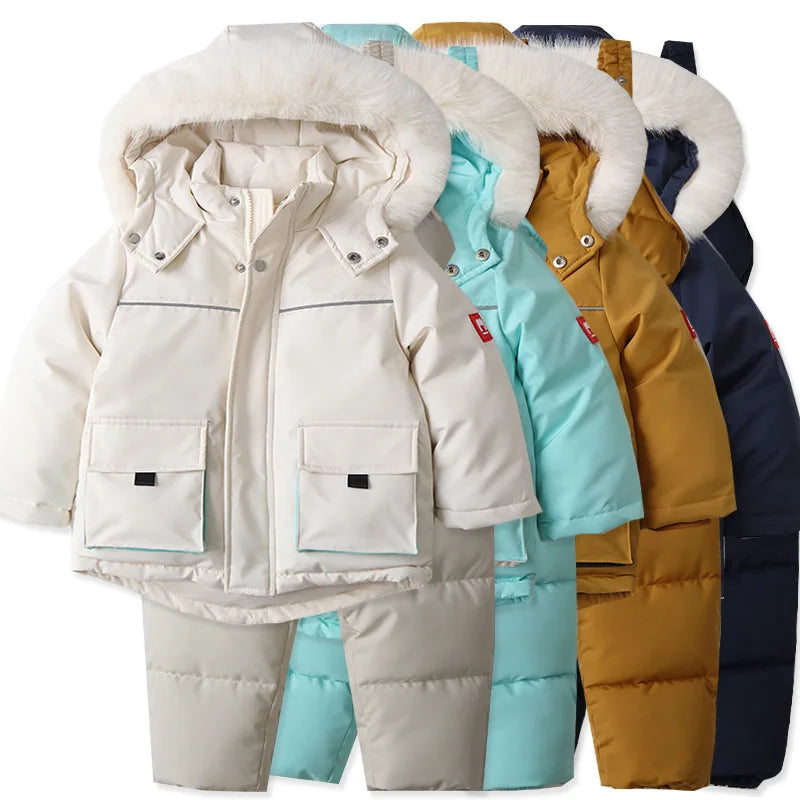 NIEUWE winterskikledingset voor kinderen, 2 stuks, jongens, dikke bontvoering, capuchonjassen + overalls, meisjes, warm sneeuwpak, 2-5 jaar, unisex