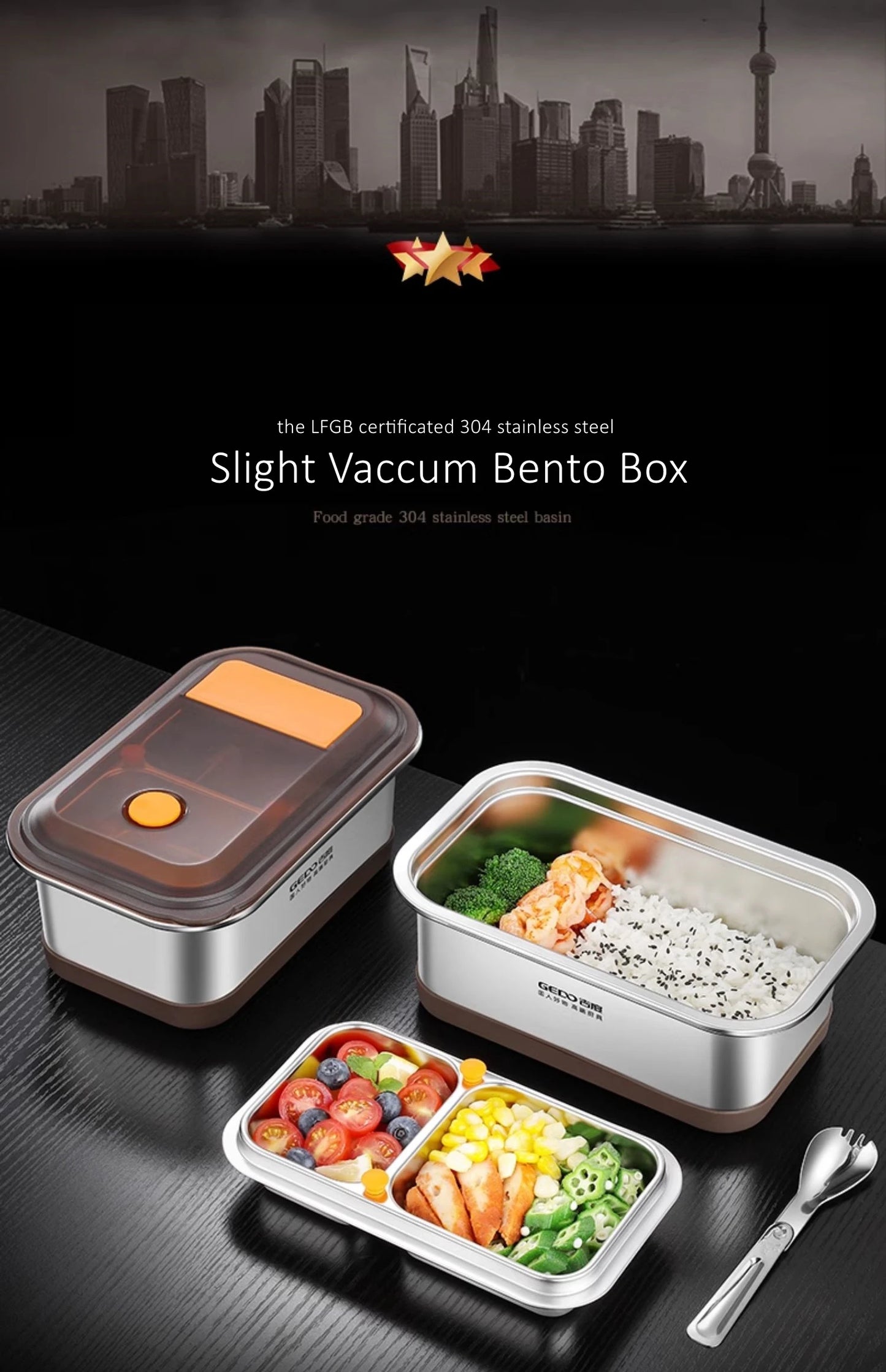 LFGB Certification 304 Stainless Steel Bento Box Well Sealed Crisper Air Exhaust Slight Vaccum Lunch Box for Office and School