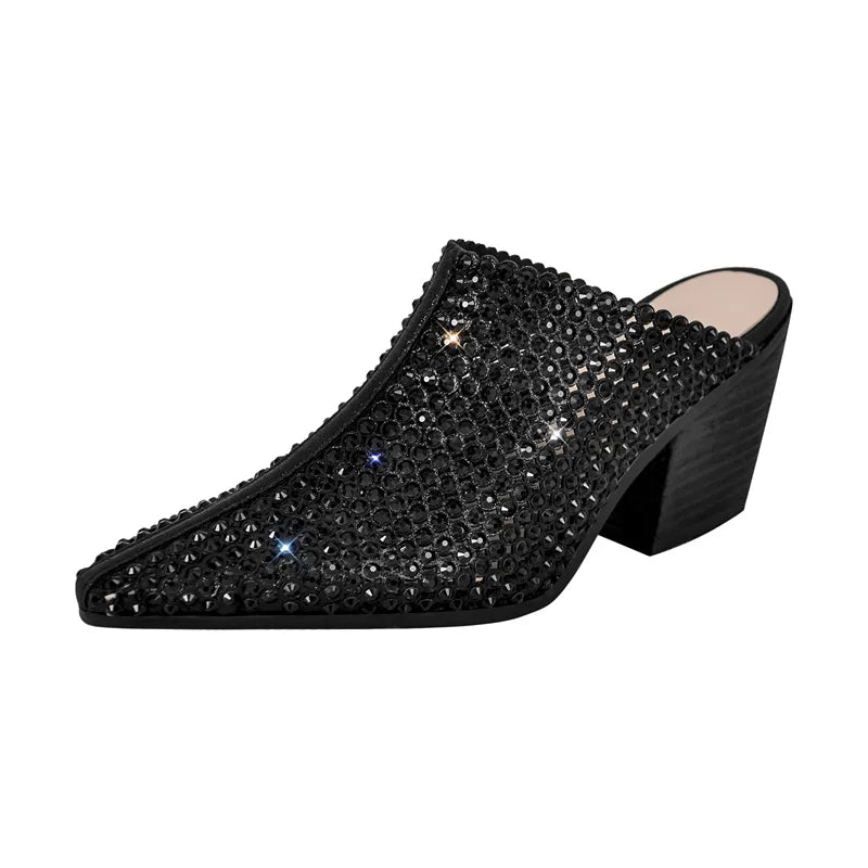 Women Pointed Toe Rhinestone Mules Glitter Bling Shiny Pretty Sparkly Gorgeous Chunky Heel Slip On Summer Slipper