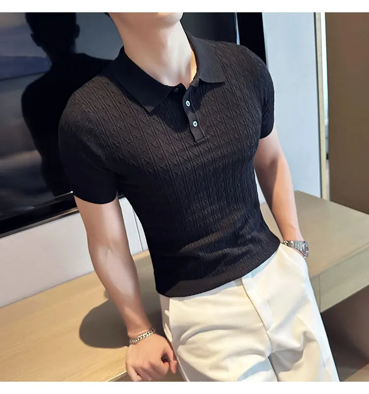 Men's Slim-Fit Jacquard Knitted Short-Sleeved Polo Shirt for Male Fashion Lapel Golf Shirt