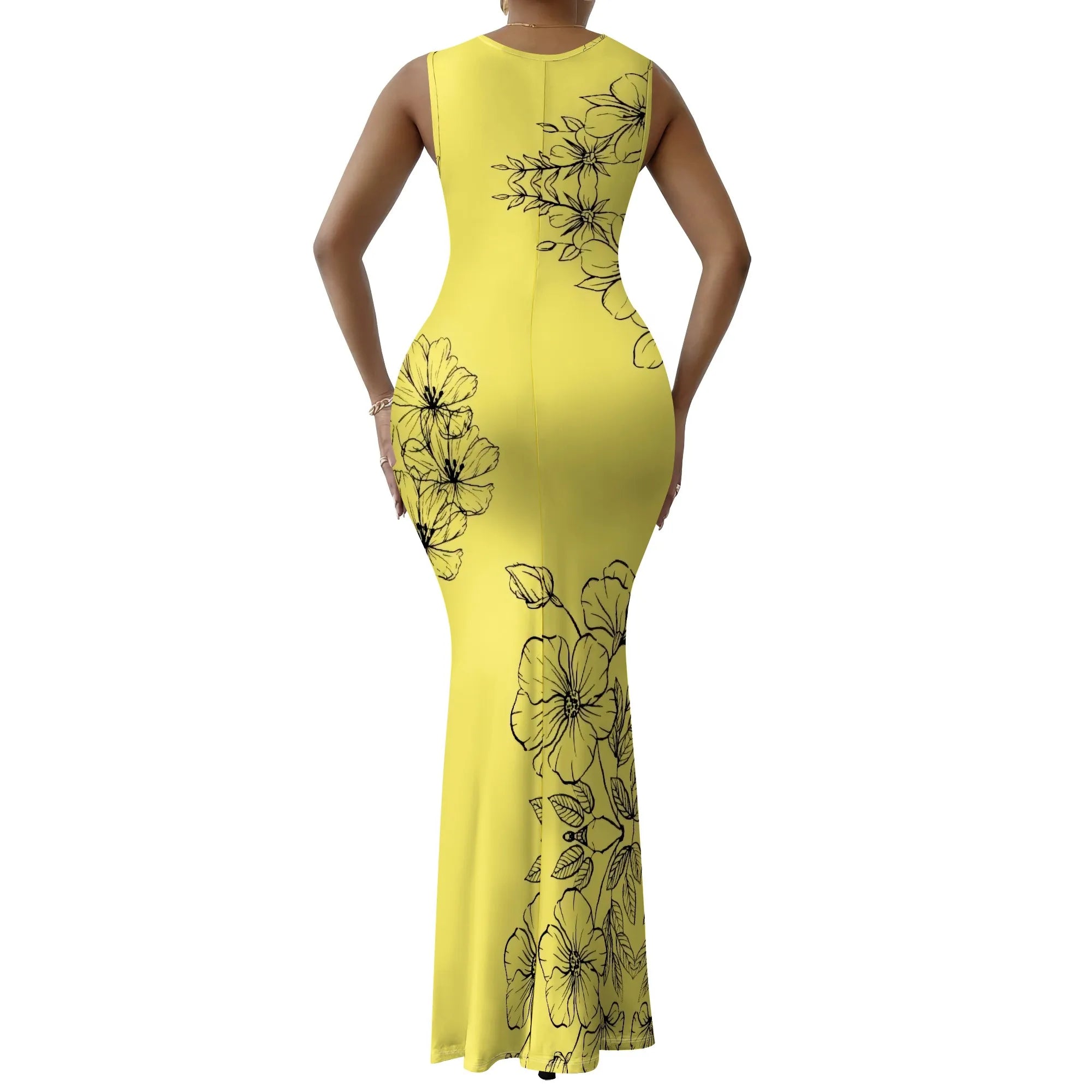 Women's V-Neck Sleeveless Maxi Dress Yellow Black Outline Floral Print Elegant Bodycon Summer Dress
