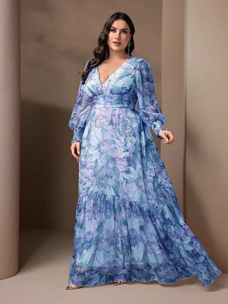 Women's Plus Size Spring/Summer Casual Elegant Floral Printed Dresses With Deep V-Neck and Lantern Sleeve Ruffles Hem Suitable For Vacation