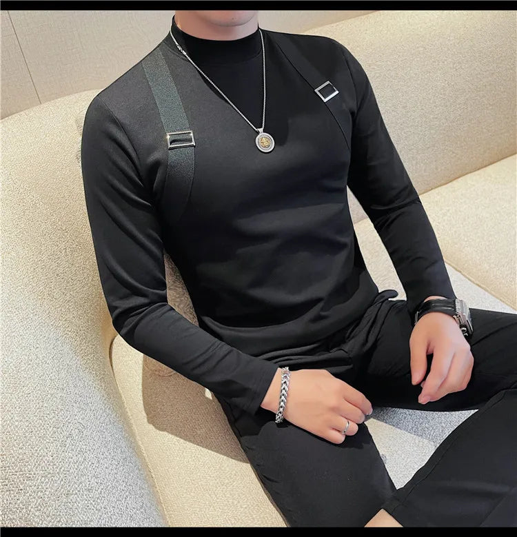 Men's Strap Long-Sleeved T-shirt For Autumn and Winter, Slim Fit Half Turtleneck Bottoming Shirt, Fashion City Knitwear