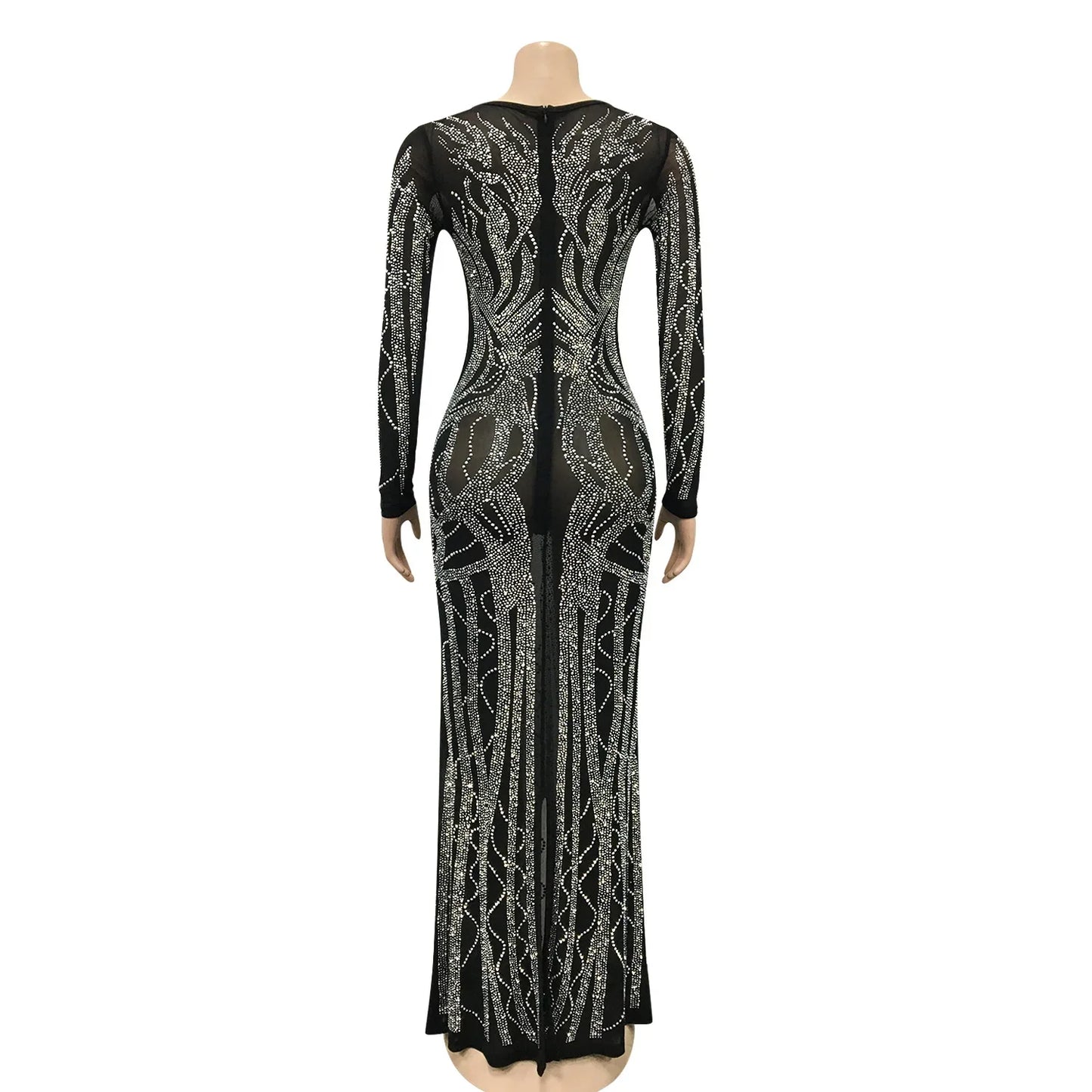 Sexy Rhinestone Sheer Mesh Long Sleeve Decor Party Dress