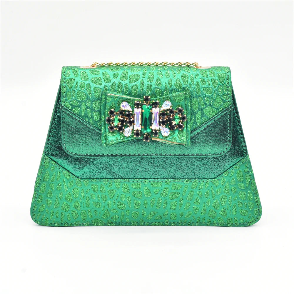 Green Colour Shoe and Bag Set for Party in Woman Italian Crystal Butterfly-knot Women Pumps Nigerian Lady Shoes and Bag