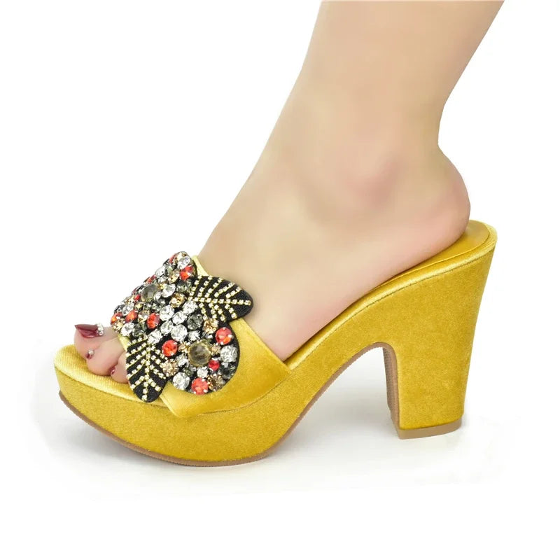 African Women Party Pumps Decorated with Rhinestone Shoes for Wedding Women Wedges Shoes for Women Platform Heels Nigerian Pumps