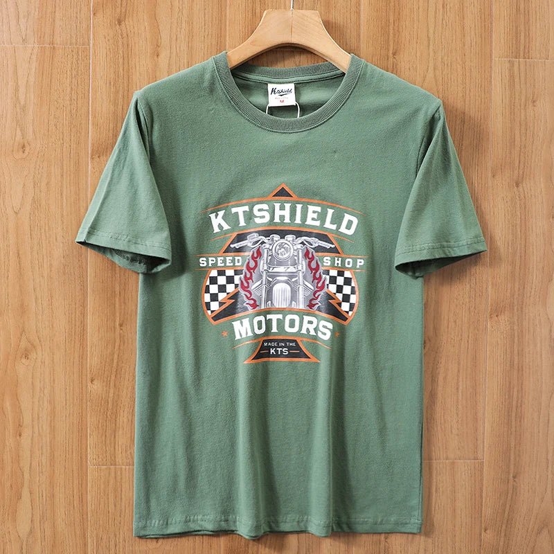 2025 Summer New American Retro 250g Short Sleeve O-neck Printed T-shirt Men's Fashion 100% Cotton Washed Casual Loose Tops