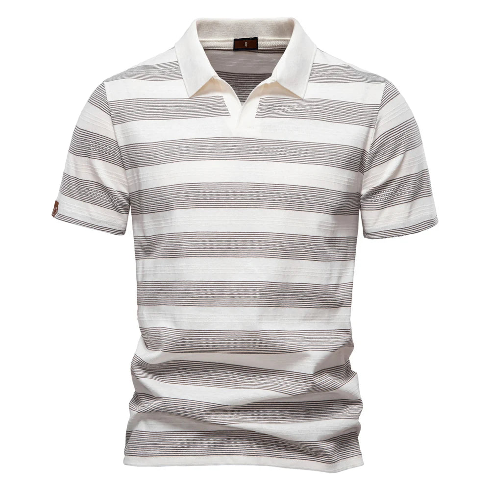 2025 New Summer Striped V Neck Cotton Polo Shirts for Men Breathable Short Sleeve Casual Knit Shirts Comfort Fit