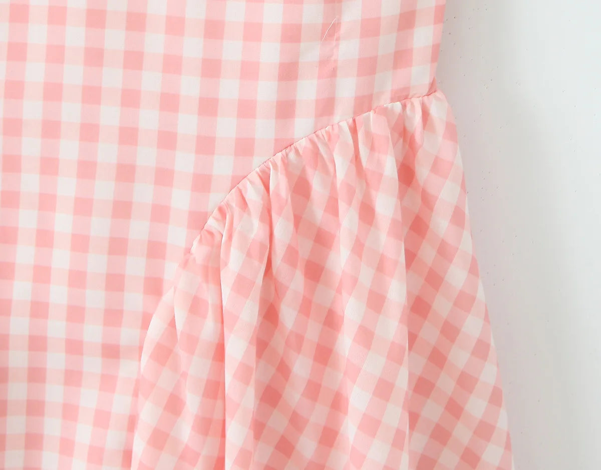 Summer Women Sexy Backless Pink Plaid Halter Dress Low Waist Elegant Party Dresses Holiday Robe