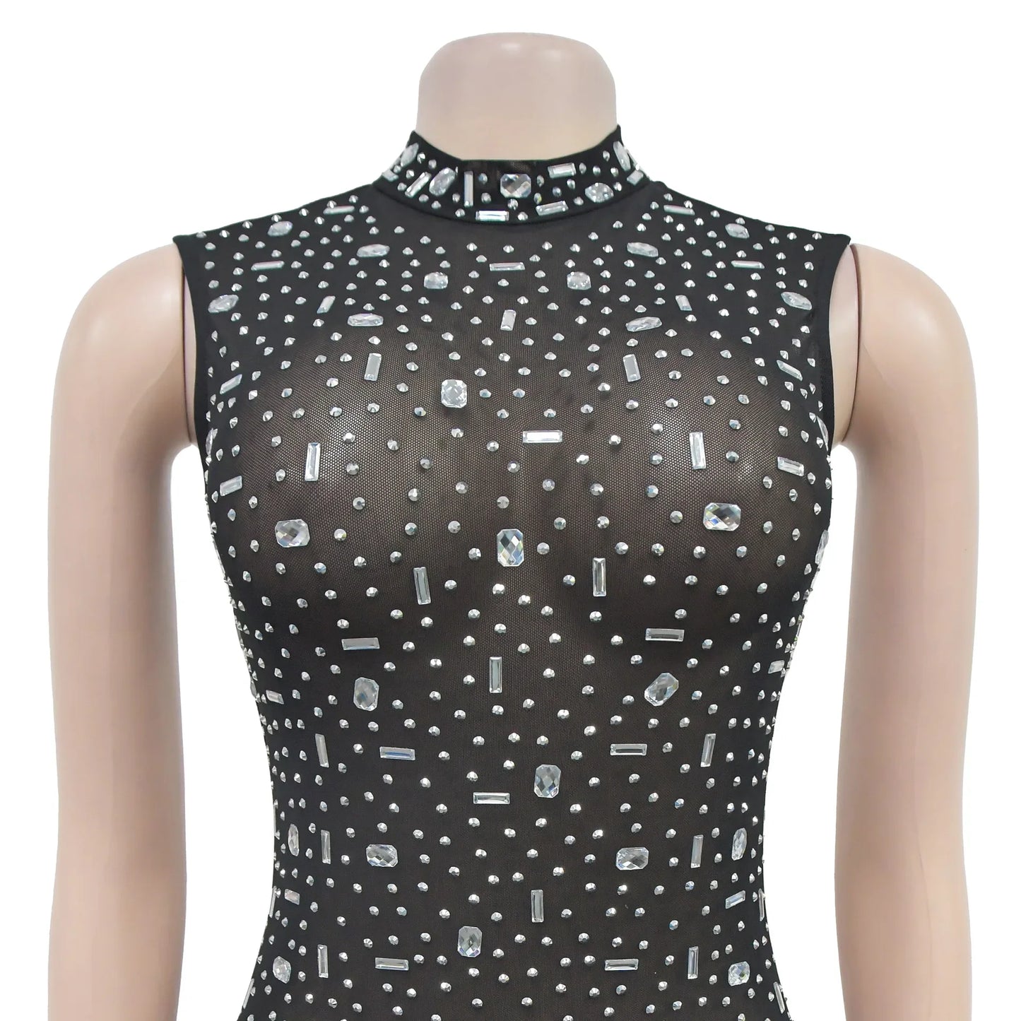 Women's Sexy See Through Sheer Mesh Halter Sleeveless Rhinestone Decor Floor-length Party Dress