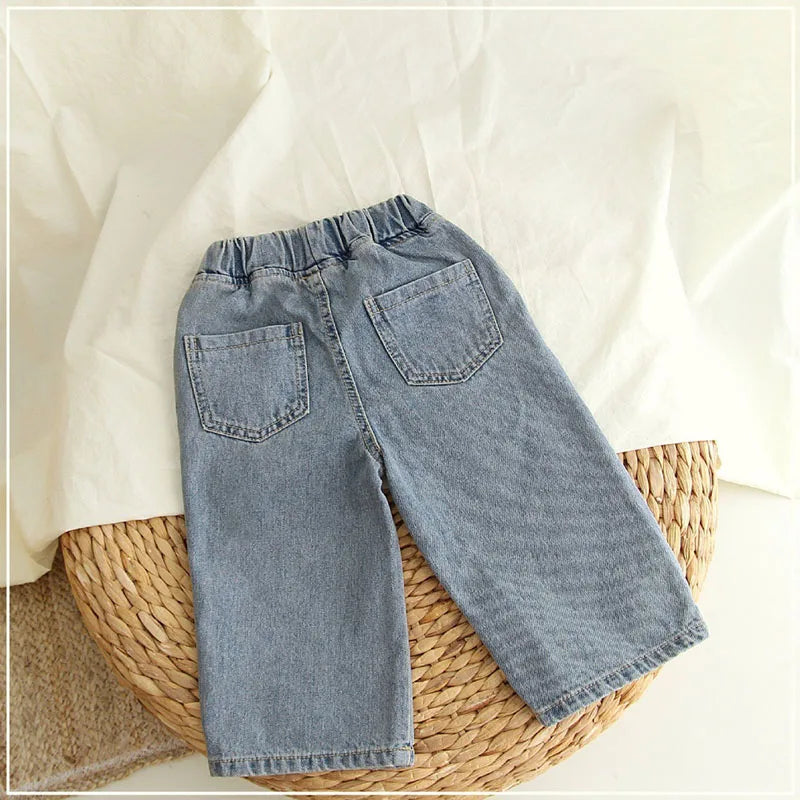 New Autumn Girls Boys Solid Colour Fashion Trousers Kids Pants Children Loose Wide Leg Jeans 1-6Y Unisex