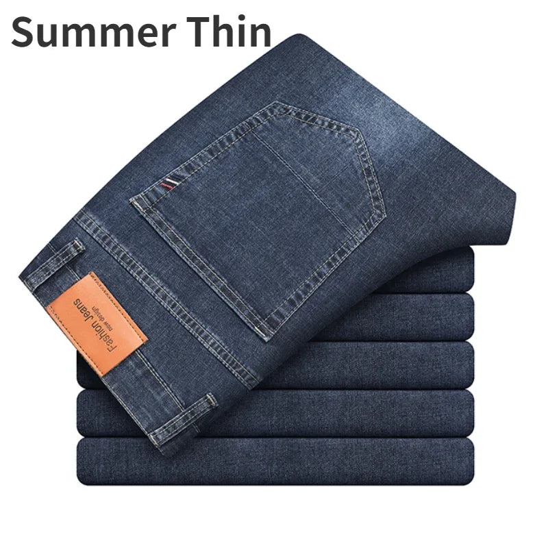 2025 Dunne of dikke stoffen kantoor- en zakenjeans voor heren, klassiek blauw, zwart, katoenen stretch, rechte denimbroek, herenmerkbroeken